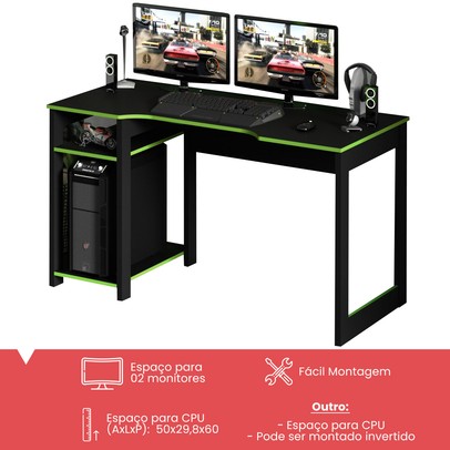 Mesa Gamer Destiny Ideal para 3 Monitores Preto/Verde - Tecno Mobili