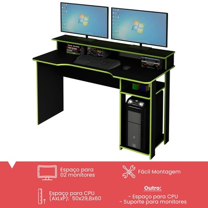 Mesa Gamer Ideal para 2 Monitores Preto/Verde Me4153 - Tecno Mobili