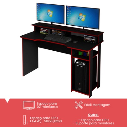 Mesa Gamer Ideal para 2 Monitores Preto/Vermelho Me4153 - Tecno Mobili