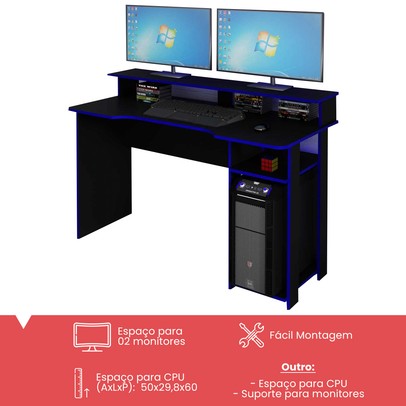 Mesa Gamer Ideal para 2 Monitores Preto/Azul Me4153 - Tecno Mobili