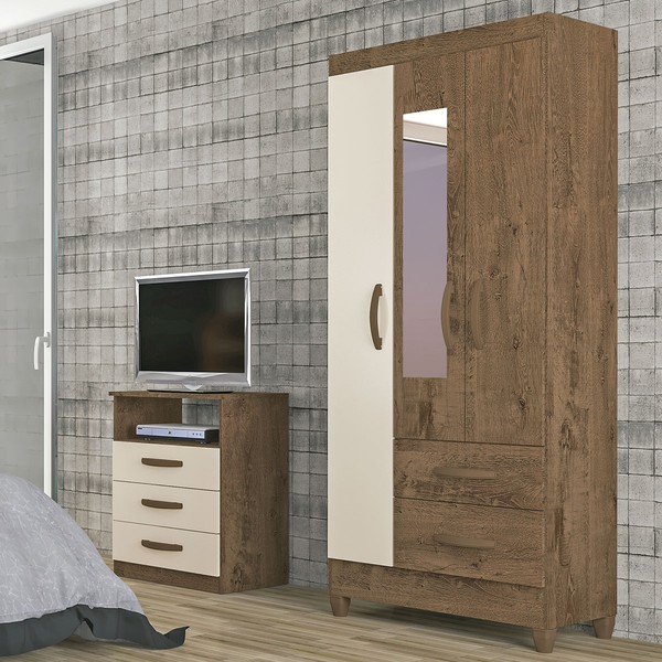 Guarda-Roupa Solteiro Real 3 Portas 2 Gavetas com Espelho Mocaccino Rústico/Natura Off Whitte - Atualle Móveis