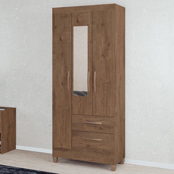 Guarda-Roupa Solteiro Real 3 Portas 2 Gavetas com Espelho Mocaccino Rústico - Atualle Móveis
