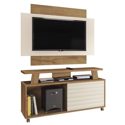 Rack com Painel para TV Até 50 Polegadas Rivera 1 Porta Canelato Rústico/3d Natura Off White - Atualle Móveis