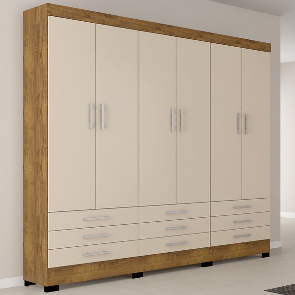 Guarda-Roupa Casal Vila Velha 6 Portas 9 Gavetas Canelato Rústico/Natura Brilho - Atualle Móveis