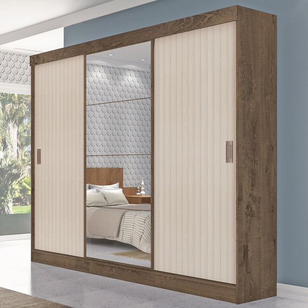 Guarda-Roupa Casal Sorento 3 Portas 3 Gavetas com Espelho Flex Mocaccino Rústico/3d Natura Off White - Atualle Móveis