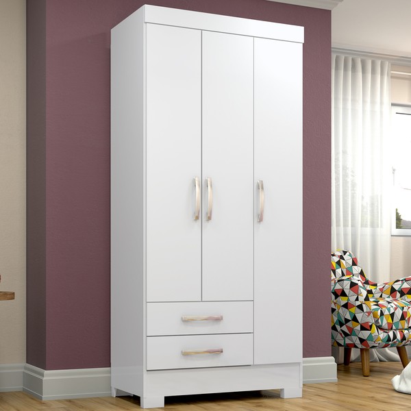 Guarda-Roupa Solteiro 3 Portas 2 Gavetas Branco/Rosa Chá Be16 - Briz