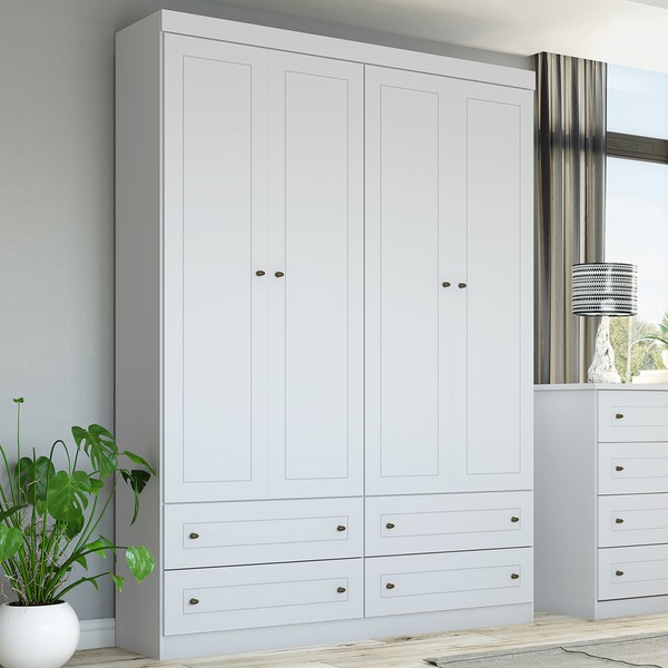 Guarda-Roupa Solteiro Americano 4 Portas 4 Gavetas Branco Hp - Henn