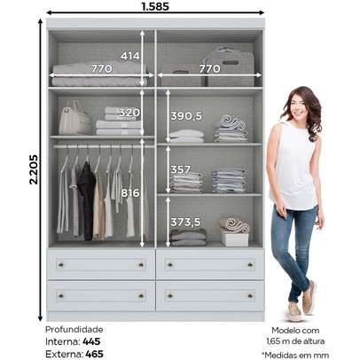 Guarda-Roupa Solteiro Americano 4 Portas 4 Gavetas Branco Hp - Henn