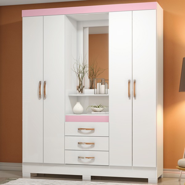 Guarda-Roupa Casal 4 Portas 3 Gavetas B24 Branco/Rosa Chá Flex - Briz