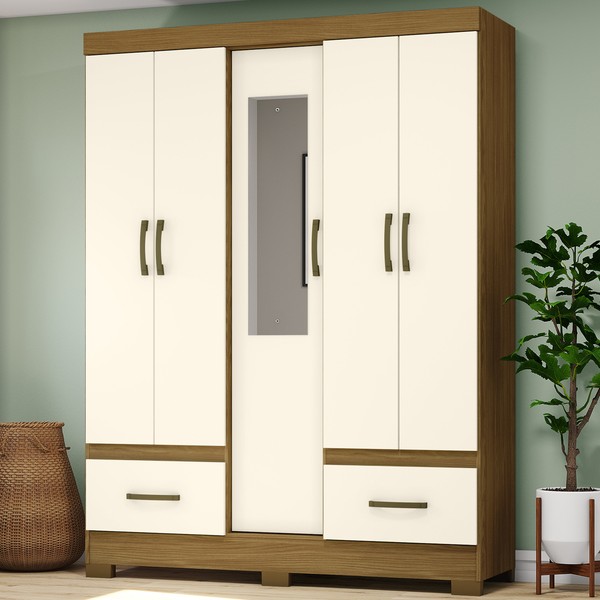 Guarda-Roupa Solteiro 5 Portas 2 Gavetas Nature/Off White B60 - Briz