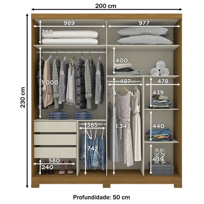 Guarda-Roupa Casal Verg 2 Portas 3 Gavetas Nature/Off White - Henn