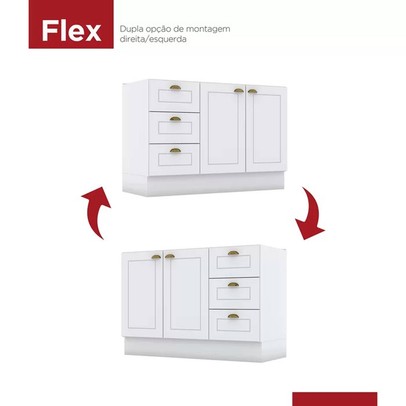 Balcão de Cozinha para Pia 120 Cm Americana 2 Portas 3 Gavetas 100% Mdf Branco Hp - Henn