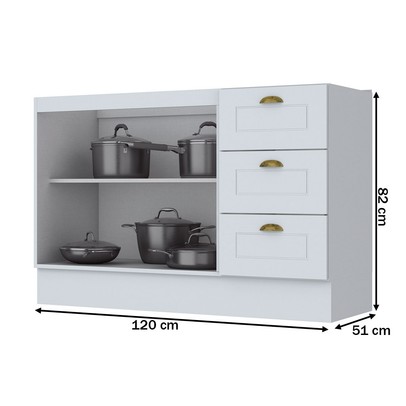 Balcão de Cozinha para Pia 120 Cm Americana 2 Portas 3 Gavetas 100% Mdf Branco Hp - Henn