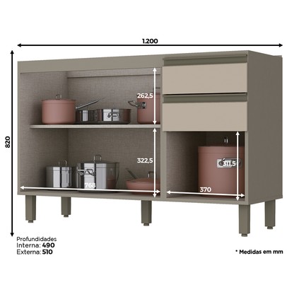 Balcão de Cozinha para Pia 120 Cm Connect 3 Portas 2 Gavetas 100% Mdf Duna/Cristal - Henn