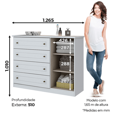 Cômoda de Bebê Americano 1 Porta 4 Gavetas Branco Hp - Henn