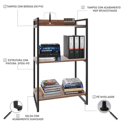 Estante para Livros 3 Prateleiras Kuadra Nogal - Compace