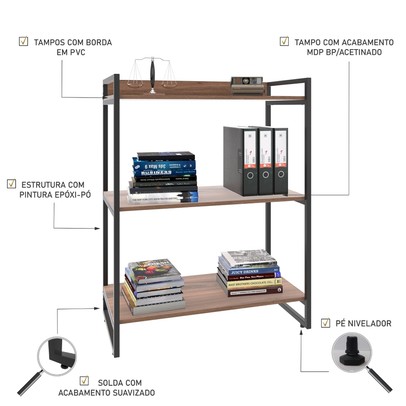 Estante para Livros 3 Prateleiras Nogal 8390- Compace