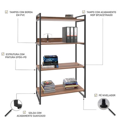 Estante para Livros 4 Prateleiras Nogal 8392 - Compace