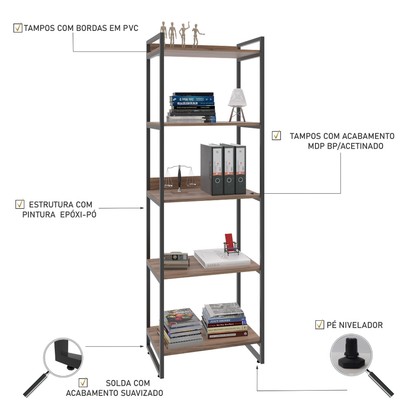 Estante para Livros 5 Prateleiras Nogal 8393 - Compace