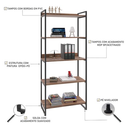 Estante para Livros 5 Prateleiras Nogal 8394 - Compace