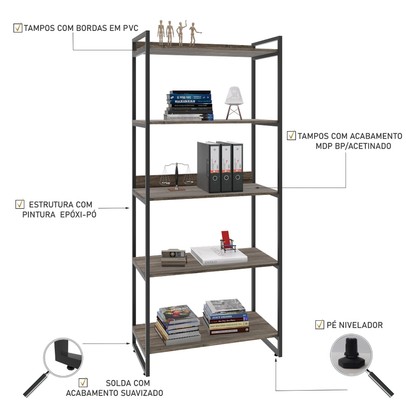 Estante para Livros 5 Prateleiras Carvalho Dark 8394 - Compace