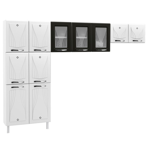 Cozinha de Aço Compacta Star New 11 Portas com Vidro Branco/Preto - Telasul