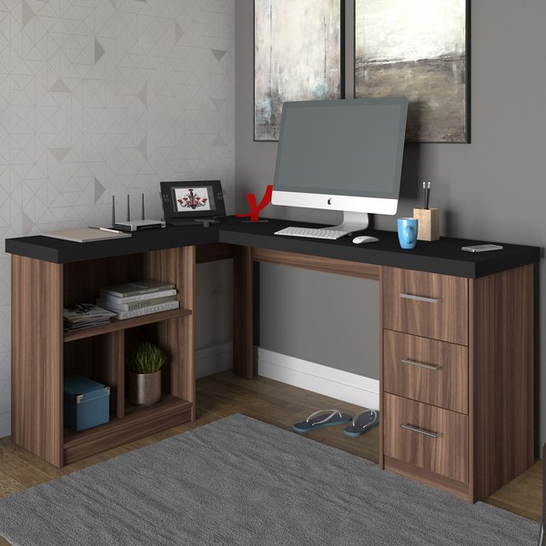 Mesa para Escritório Mali 3 Gavetas Preto/Ipê - Artany