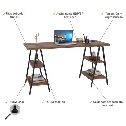 Mesa para Escritório Kuadra 4 Prateleiras Nogal - Compace