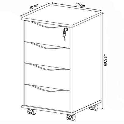 Gaveteiro com Rodízios Bit 4 Gavetas com Chave Branco - Artany