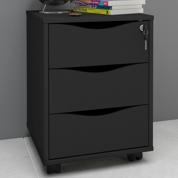 Gaveteiro com Rodízios Face 3 Gavetas Preto com Chave - Artany