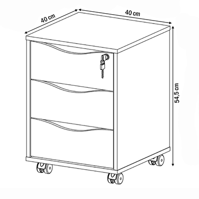 Gaveteiro com Rodízios Face 3 Gavetas Preto com Chave - Artany
