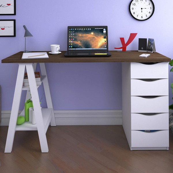 Mesa Escrivaninha Spirit Ii 5 Gavetas Nogal/Branco - Artany