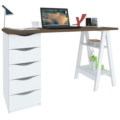 Mesa Escrivaninha Spirit Ii 5 Gavetas Nogal/Branco - Artany