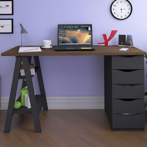 Mesa Escrivaninha Spirit Ii 5 Gavetas Nogal/Preto - Artany