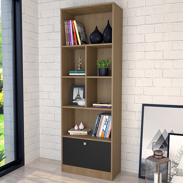 Estante para Livros Bali 1 Porta 6 Nichos Mel/Preto - Nova Mobile