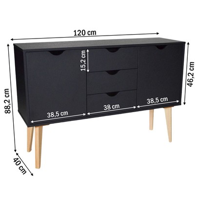 Aparador Retalho 2 Portas 3 Gavetas Preto - Falkk