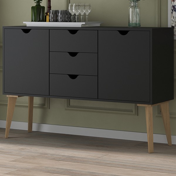 Aparador Retalho 2 Portas 3 Gavetas Preto - Falkk