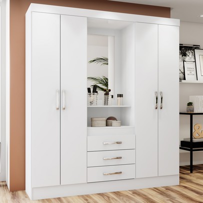 Guarda-Roupa Casal Catedral 4 Portas 3 Gavetas Flex Branco/Rosa - Bci Móveis