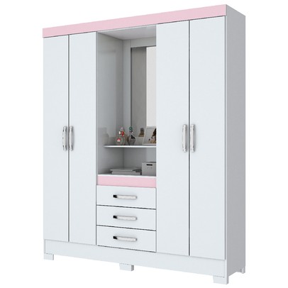 Guarda-Roupa Casal Catedral 4 Portas 3 Gavetas Flex Branco/Rosa - Bci Móveis