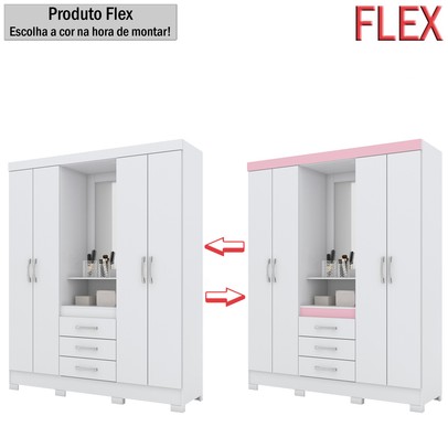 Guarda-Roupa Casal Catedral 4 Portas 3 Gavetas Flex Branco/Rosa - Bci Móveis
