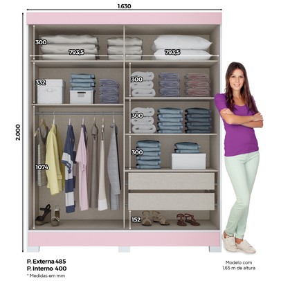 Guarda-Roupa Solteiro Pablo 2 Portas 2 Gavetas Branco/Rosa Chá - Bci Móveis
