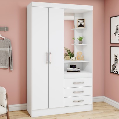 Guarda-Roupa Solteiro Peter 2 Portas 3 Gavetas Flex Branco/Rosa Chá - Bci Móveis
