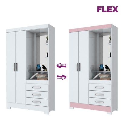 Guarda-Roupa Solteiro Peter 2 Portas 3 Gavetas Flex Branco/Rosa Chá - Bci Móveis