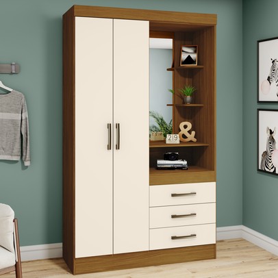 Guarda-Roupa Solteiro Peter 2 Portas 3 Gavetas Nature/Off White - Bci Móveis