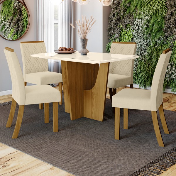 Mesa de Jantar 4 Lugares Denise Nature/Off White/Linho - Bci Móveis