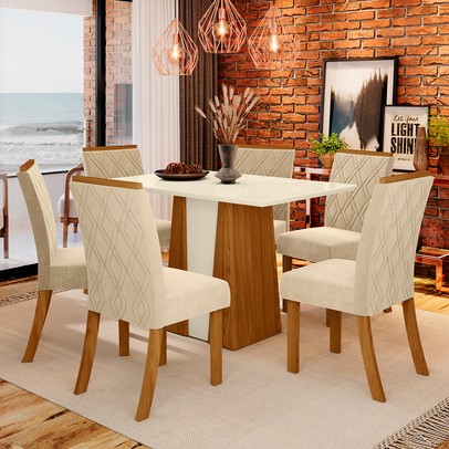 Mesa de Jantar 6 Lugares Keltin Nature/Off Whitte/Linho - Bci Móveis