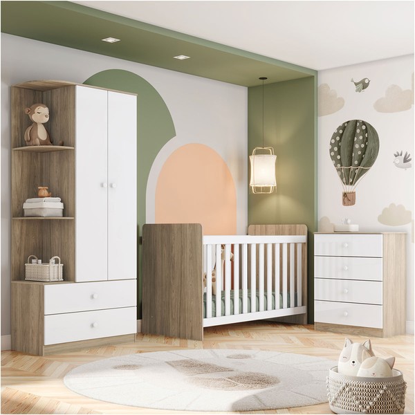Quarto de Bebê Completo Thaiany 2 Portas 6 Gavetas Ie02 Rústico/Branco - Bci Móveis