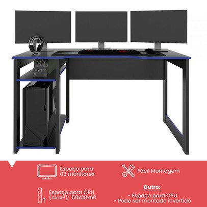 Mesa Gamer Dark para 3 Monitores Preto/Azul - Pnr Móveis