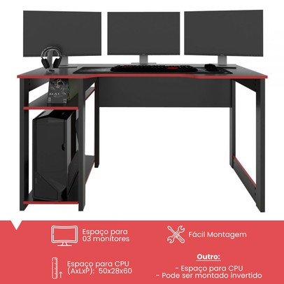 Mesa Gamer Dark para 3 Monitores Preto/Vermelho - Pnr Móveis