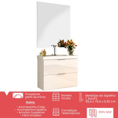Armário de Banheiro Pietra 3 Gavetas com Espelho Mdp Branco - Móveis Bosi